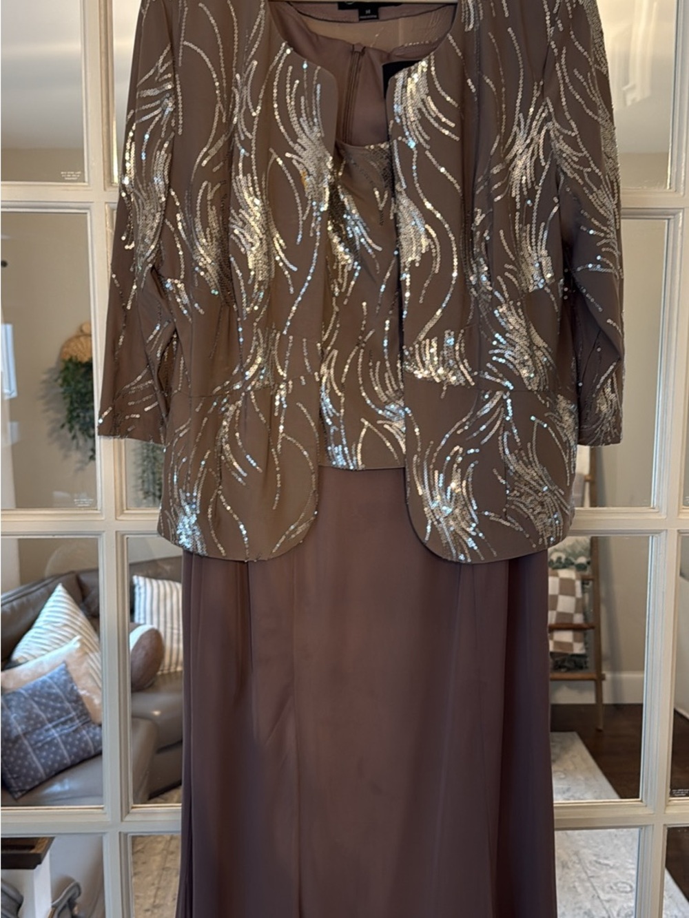 Elegant Taupe Sequin-Embellished Women's Dress Set